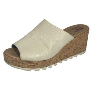 Sorel Cameron Wedge Mule Slide Leather Womens 9 40 Cork Wedge Chalk Sandals shoe